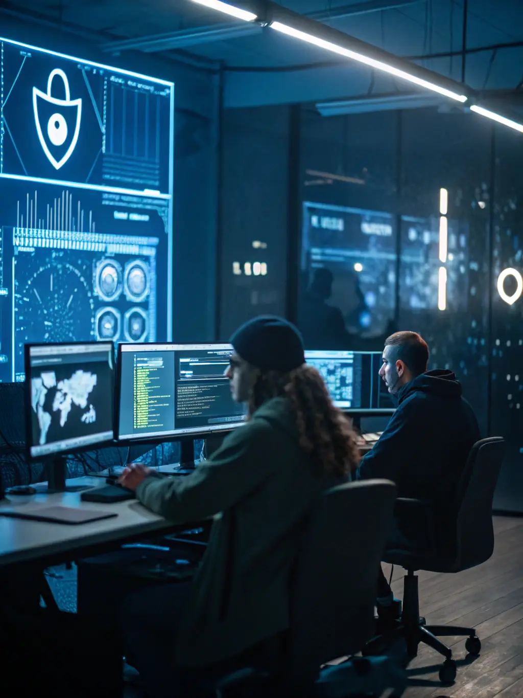 A professional photograph of a cybersecurity expert analyzing network traffic data on multiple monitors in a modern security operations center.