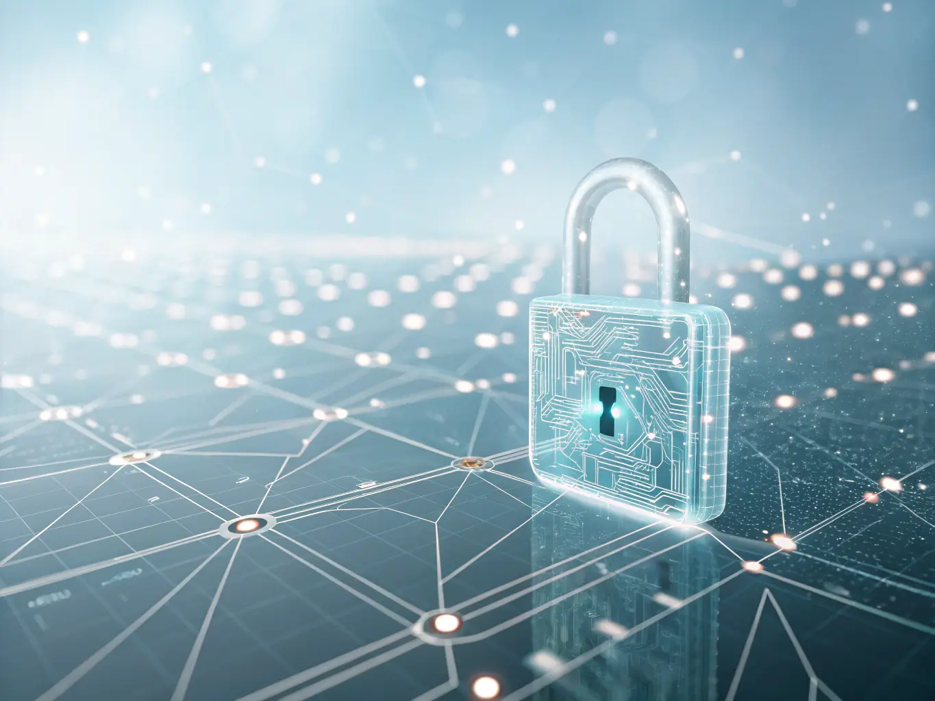 An image showing a secure digital lock overlaying a network grid, symbolizing cybersecurity.