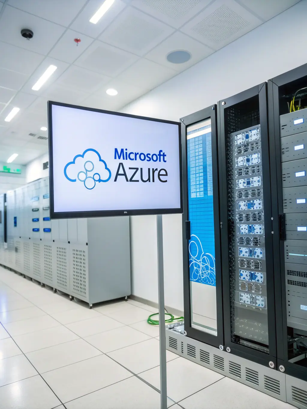 A professional photograph showcasing the Microsoft Azure logo in a data center environment, representing amalica's proficiency in Azure cloud services.