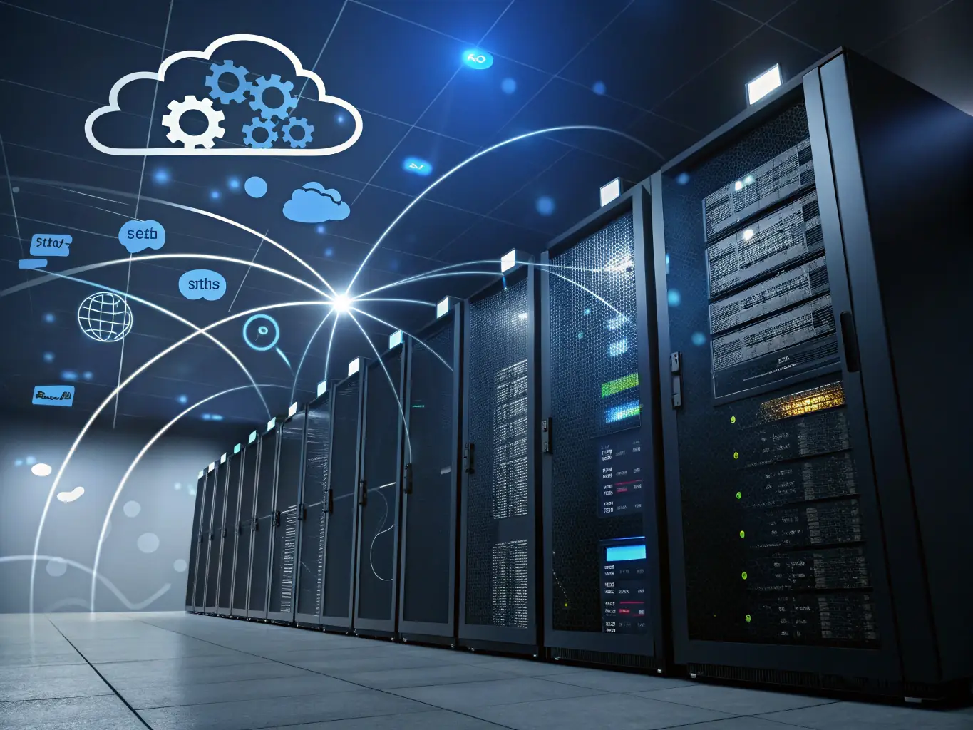 An image of cloud icons connected with lines to a data center, representing cloud infrastructure.