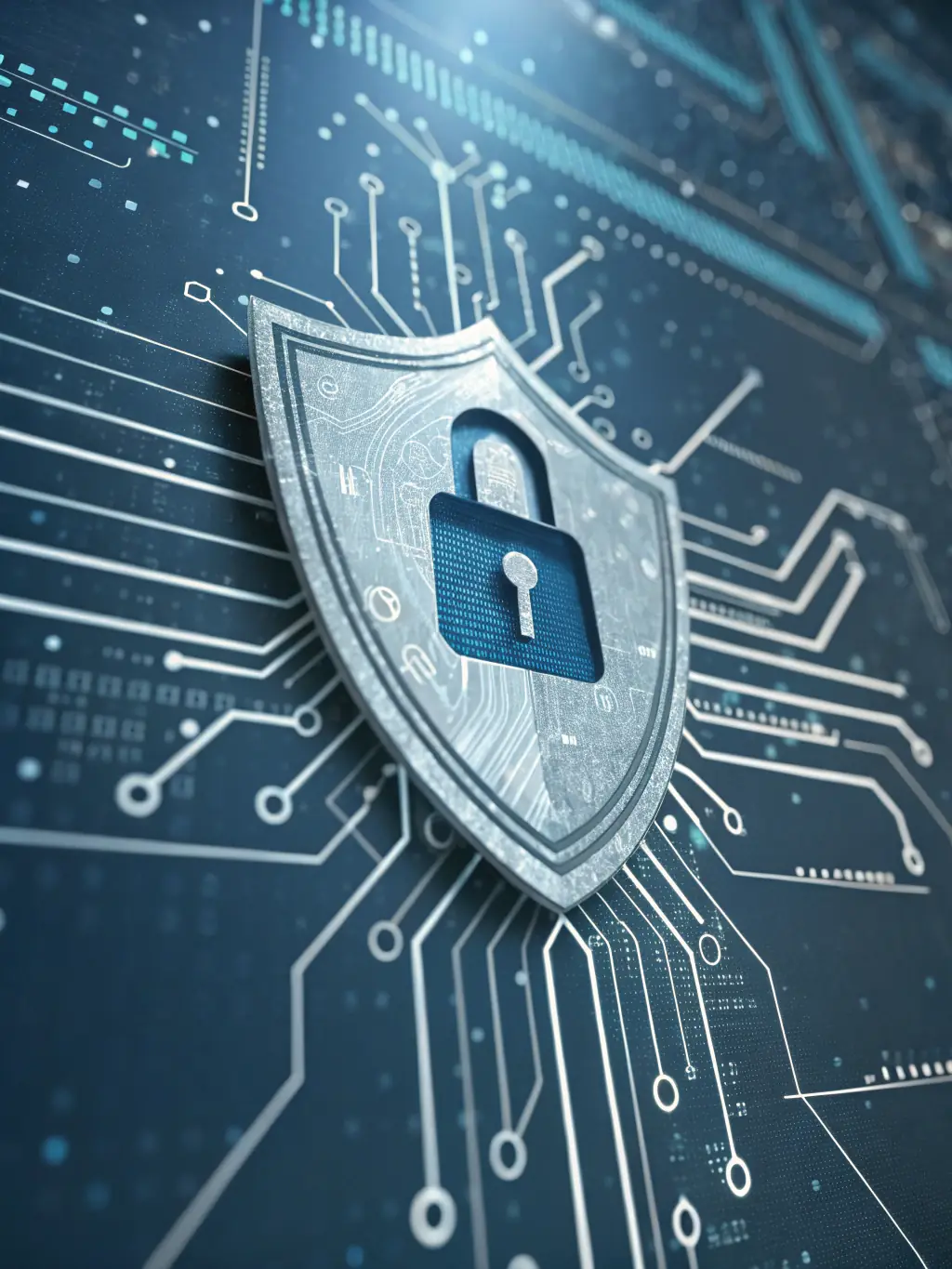 An illustration depicting a shield with a lock icon, surrounded by various digital devices, symbolizing protection against cyberattacks.