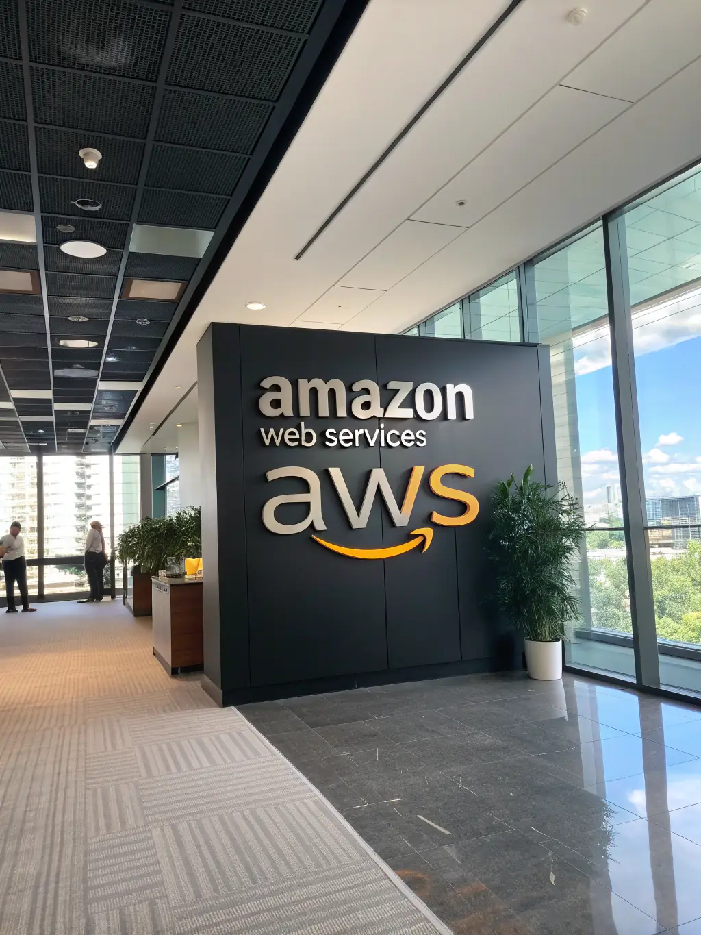 A professional photograph showcasing the Amazon Web Services (AWS) logo in a modern office setting, symbolizing amalica's expertise in AWS cloud solutions.