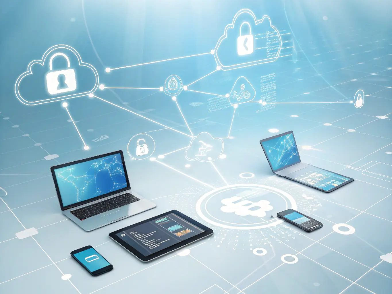 A graphic illustration of data flowing between different devices and a cloud icon, representing secure data transfer and accessibility.