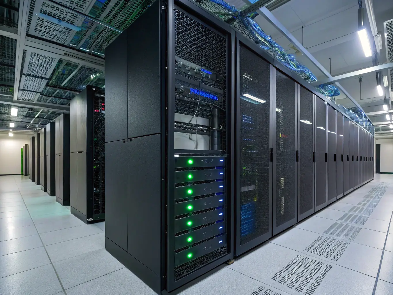 A well-organized server room with color-coded cables and neatly stacked hardware, symbolizing efficient IT infrastructure management.